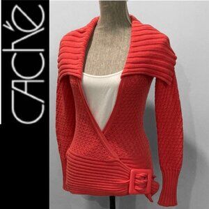 CACHE Vintage 80s Chunky Knit Sweater Side Buckle Wrap Size Small Retro RED